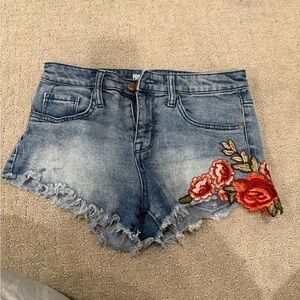 Mossimo Supply Co. Blue Denim Cutoff Shorts with Red Floral Appliqué